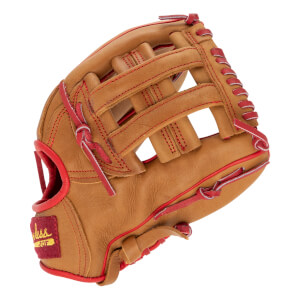 Angled view of a tan baseball glove with red lacing, a basket web, and a Shoeless Joe logo on the wrist.