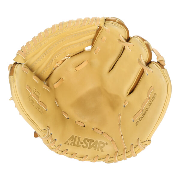 Top-down view of a tan All-Star fastpitch softball glove with 12 1/2 and FGWAS-1250DP embossed.