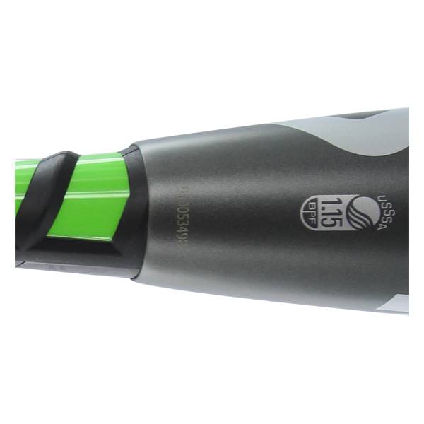 Close-up of a gray baseball bat with a green grip, USSSA 1.15 BPF logo, and serial number.