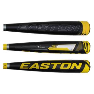 Three views of a black and yellow Easton baseball bat with EASTON branding.