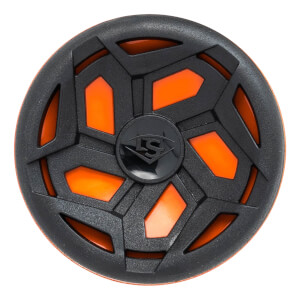 Top-down view of a black baseball bat end cap with orange accents and a black LS logo.