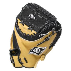 Top-down view of a tan and black catchers mitt with white stitching and two logos.