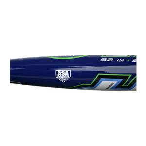 Side view of a blue softball bat with ASA CERTIFIED 2004 logo and green/blue accents.