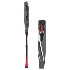 Side view of a gray baseball bat with red grip and RAWLINGS text.