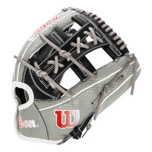Back view of a grey snakeskin textured softball glove featuring black leather, grey laces, and the red and white Wilson and A2000 logos.