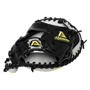 Front view of a black and white catchers mitt with yellow Akadema branding and a large A logo.