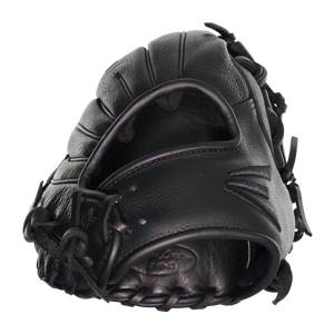 Side view of a black baseball glove with a leather palm and stitched finger stalls.