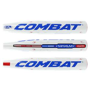 Top-down view of a white baseball bat with blue COMBAT text and red accents.