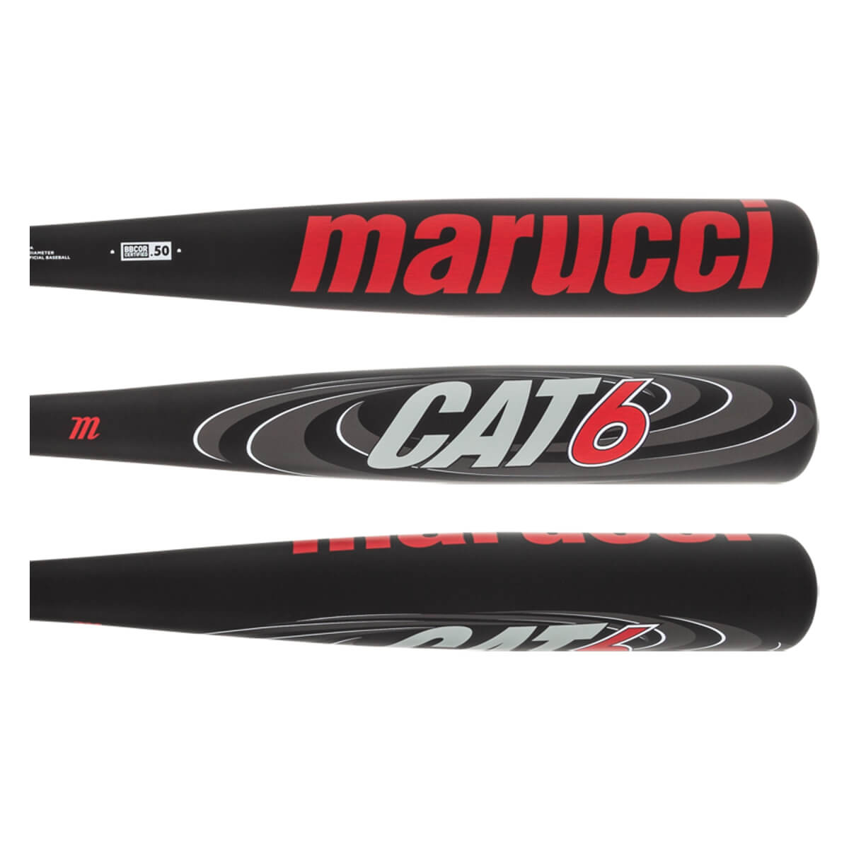 Top-down view of a black Marucci CAT6 baseball bat with red marucci text and CAT6 graphic.