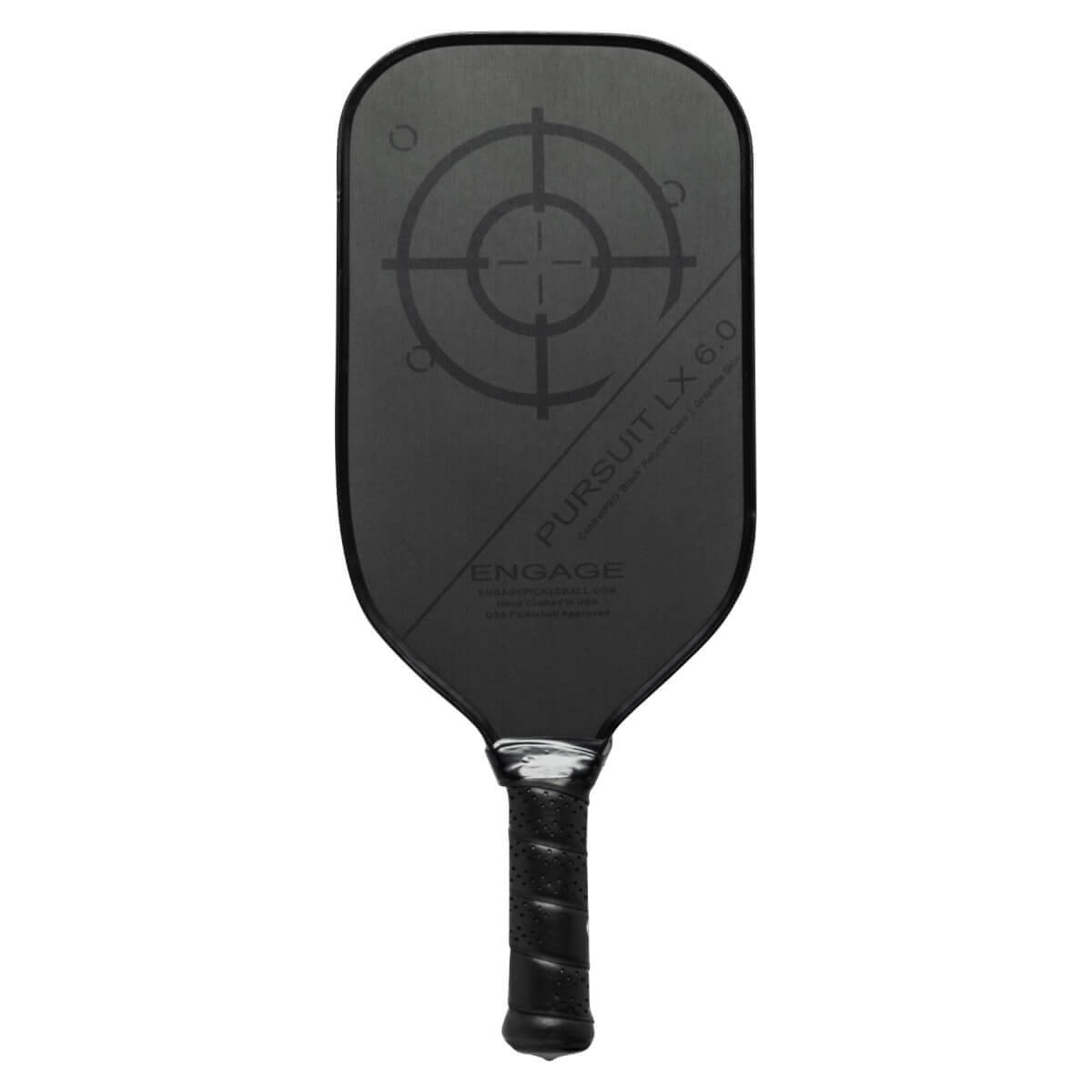 Front view of a black pickleball paddle with a target design, PURSUIT LX 6.0, and ENGAGE text.