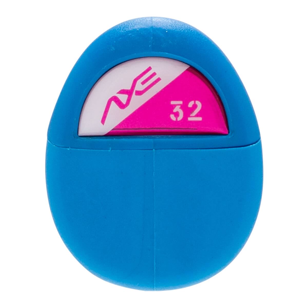 Top-down view of a blue baseball bat end cap with white and pink Axe branding and the number 32.