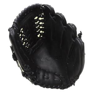 Top-down view of a black baseball glove with E-PRO embossed on the palm and open finger stalls.