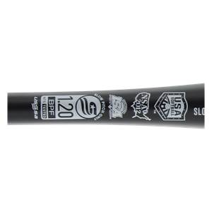 Side view of a black slow pitch softball bat with USSSA, BPF 1.20, NSA 2012, and USA Softball logos.