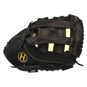 Side view of a black first base mitt with yellow stitching and an M logo.