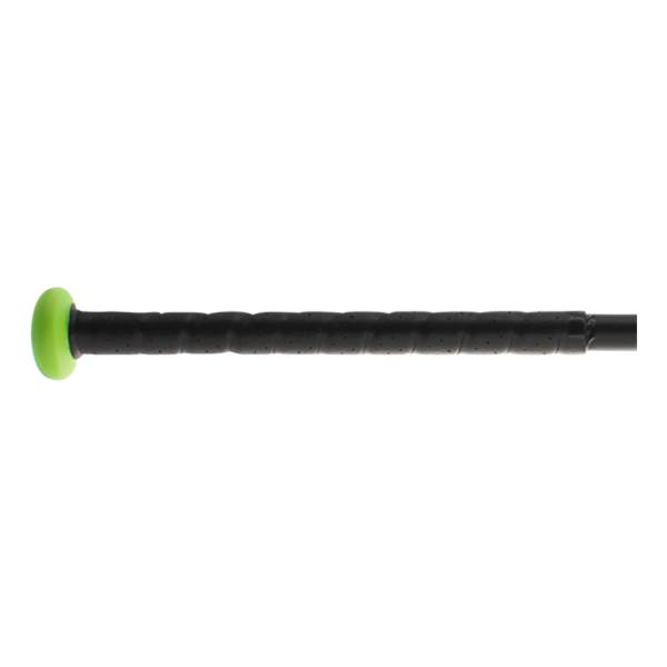 Side view of a black softball bat with a green end cap and perforated grip.