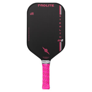 Front view of a black pickleball paddle with pink PROLITE branding, vertical STEALTH GS2 text, and a pink grip.