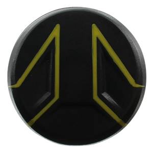 Top-down view of a black baseball bat end cap with yellow geometric accents.