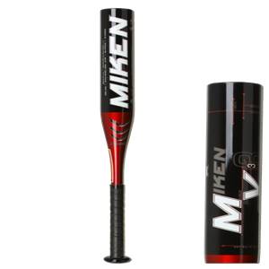 Front view of a red and black Miken bat with MIKEN text and a textured grip.