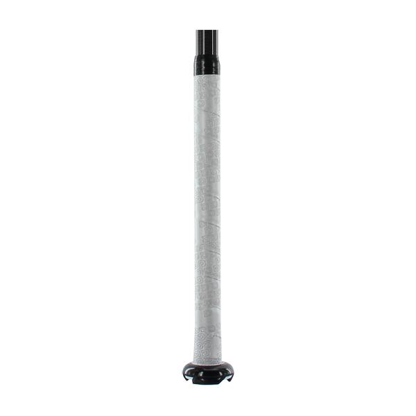 Side view of a white fastpitch softball bat with a black end cap and textured grip.
