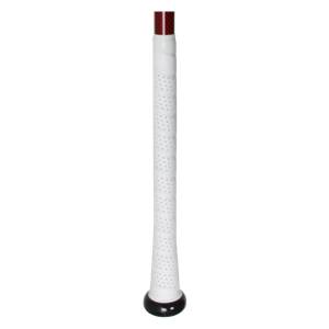 Side view of a red baseball bat with a white perforated grip and black end cap.