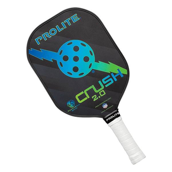 Top-down view of a black pickleball paddle with blue and green PROLITE Crush 2.0 text and a pickleball graphic.