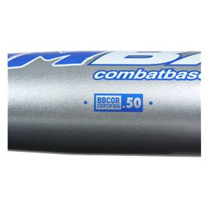 Close-up of a silver baseball bat with blue combatbas branding and a BBCOR CERTIFIED .50 stamp.