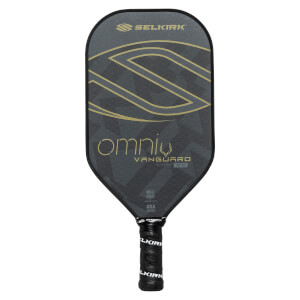 Front view of a black pickleball paddle with a large gold S graphic, omni text, and VANGUARD 2.0 branding.