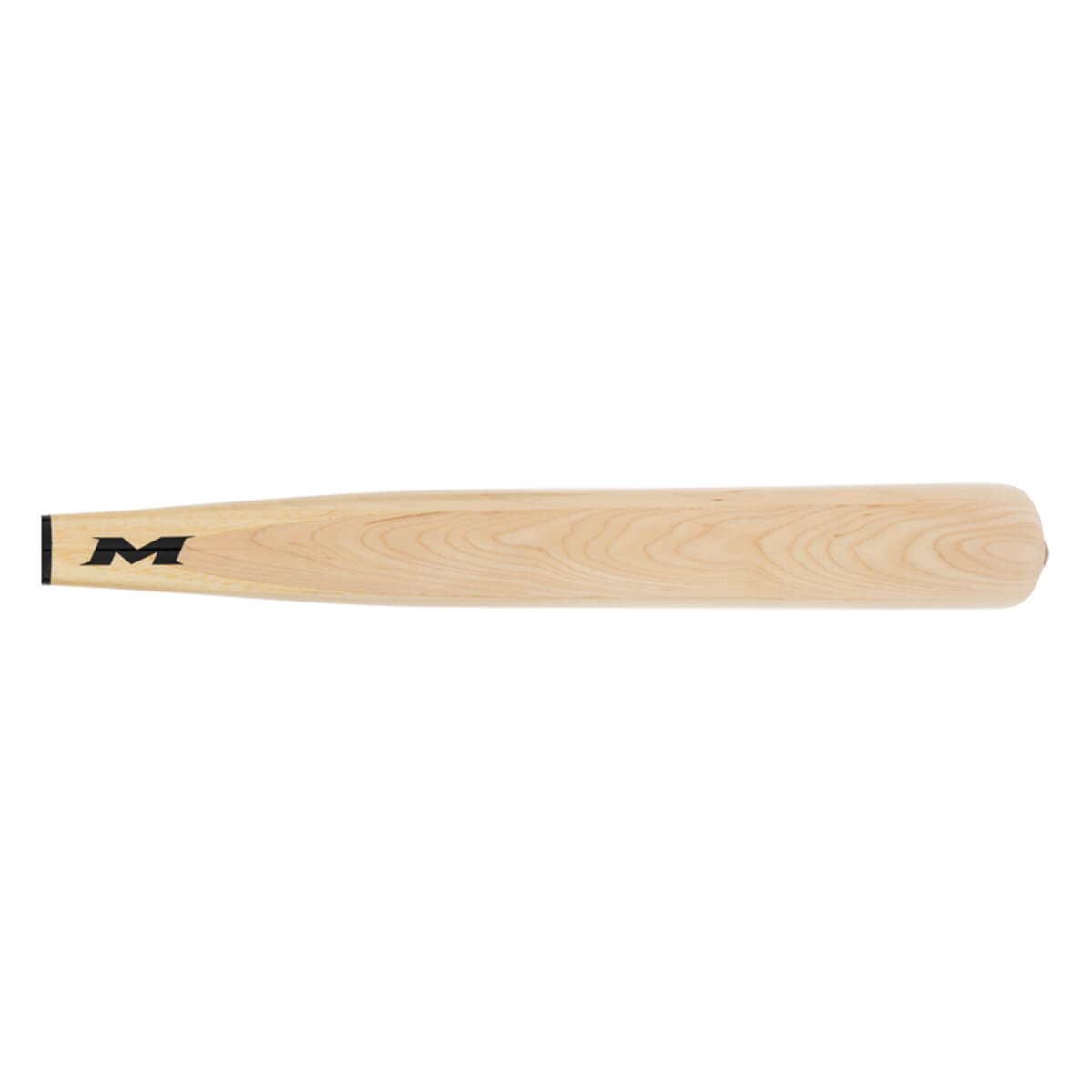 Side view of a natural wood softball bat with visible wood grain, a black M logo near the handle, and a rounded barrel end.