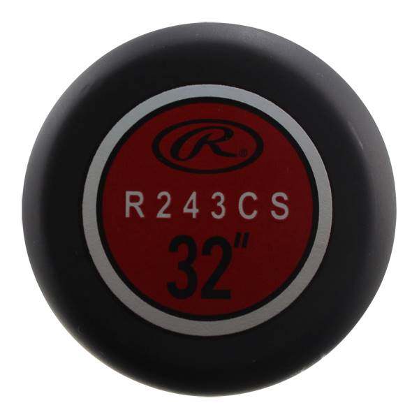 Top-down view of a black baseball bat end cap with red circular logo, R 243 CS, and 32.