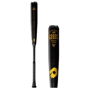 Side view of a black baseball bat with gold The Goods Original Insane text and DeMarini logo.