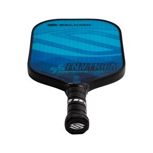 Top-down view of a blue Selkirk AMPED Invikta pickleball paddle with a black grip and white S logo.