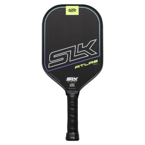 Front view of a black pickleball paddle with white and blue SLK ATLAS XL graphics and a yellow logo.