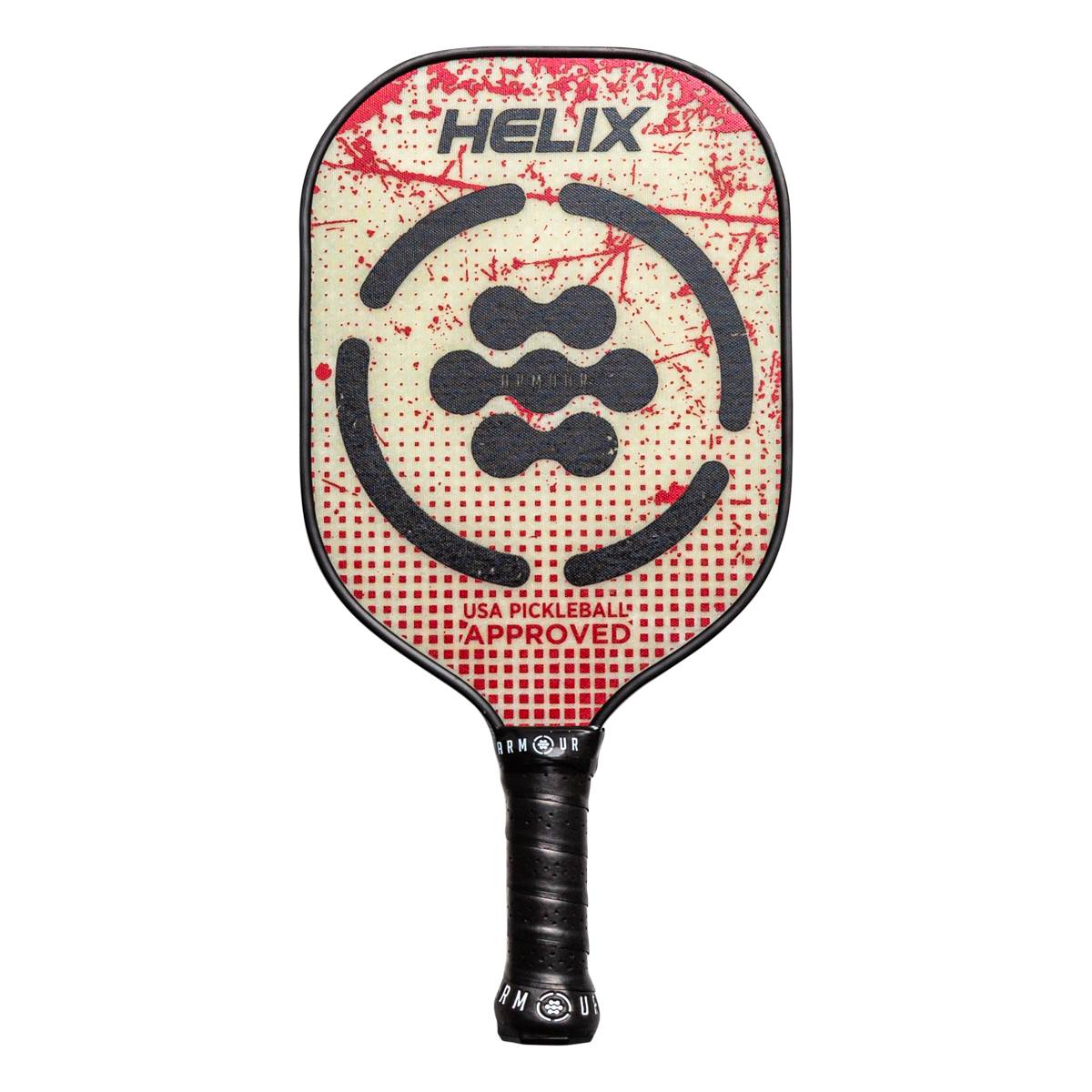 Front view of a white and red pickleball paddle with HELIX text, a circular graphic, and USA PICKLEBALL APPROVED text.