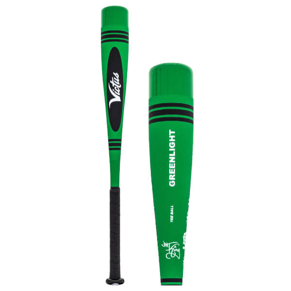 Side view of a green baseball bat with black stripes, Victus logo, and GREENLIGHT text.