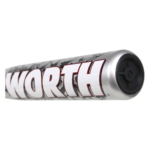 Side view of a silver baseball bat with white WORTH lettering and a black end cap.