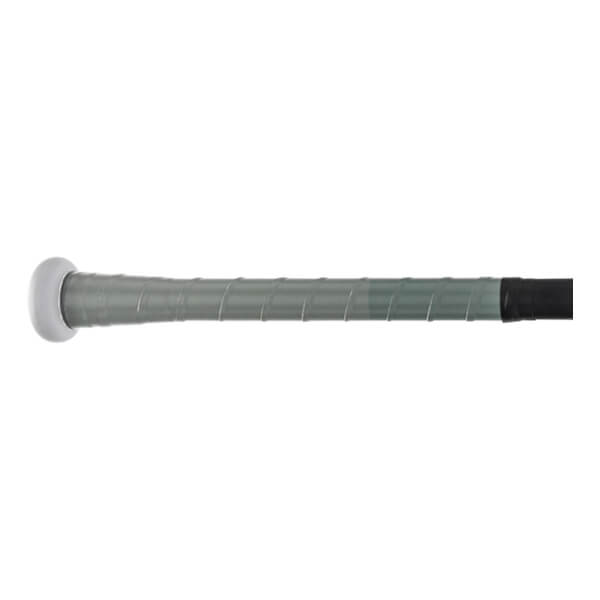 Close-up of the bat handle featuring a grey spiral-wrapped grip, a light grey rounded knob at the base, and a black section at the top.