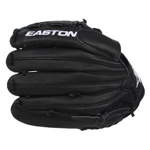 Top-down view of a black Easton glove with white embroidered branding and stitched finger stalls.
