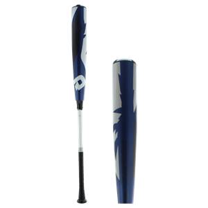 Side view of a blue baseball bat with white flame graphics and a black grip.