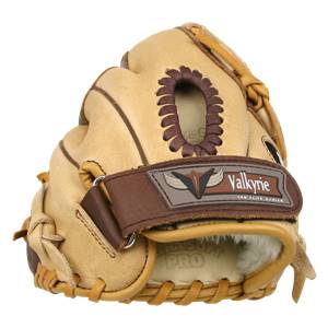 Close-up of a tan Louisville Slugger Valkyrie fastpitch glove with a brown wrist strap and Valkyrie TPS ELITE SERIES text.