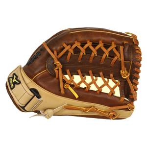 Side view of a brown and tan fastpitch glove with tan lacing and a Mizuno logo.