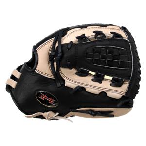 Side view of a black and tan fastpitch glove with a Miken logo and a woven pocket.