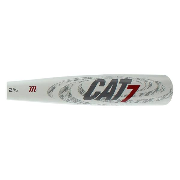 Side view of a white baseball bat with CAT 7 logo and m branding.