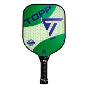 Front view of a green pickleball paddle with a blue T logo, TOPP text, and XJ-900 label.