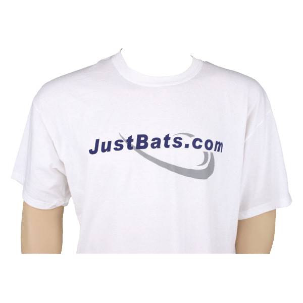 Front view of a white t-shirt with a blue JustBats.com logo and a grey swoosh.