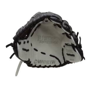 Interior view of a black and white softball glove with LEGIT and WORTH branding.
