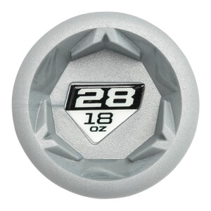 Top-down view of a silver baseball bat end cap with a black and white emblem showing 28 and 18 OZ.