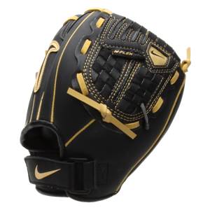 Side view of a black youth baseball glove with gold stitching, a woven palm, and a Nike swoosh on the wrist strap.
