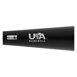 Side view of a black baseball bat with USA Baseball logo and barcode.