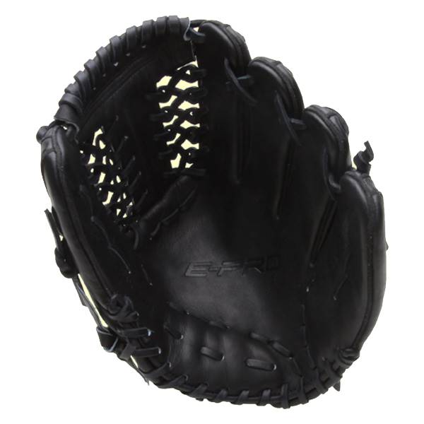 Top-down view of a black baseball glove with E-PRO embossed on the palm and open finger stalls.