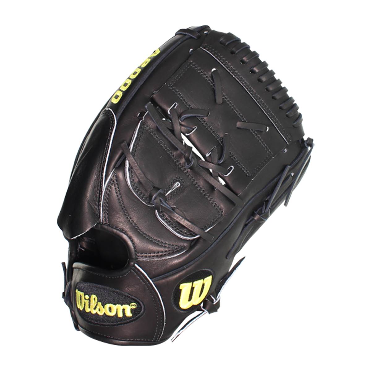 Side view of a black baseball glove with yellow Wilson branding and A2000 text.